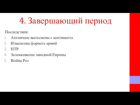 4. Завершающий период Последствия: Англичане вытеснены с континента Изменение формата