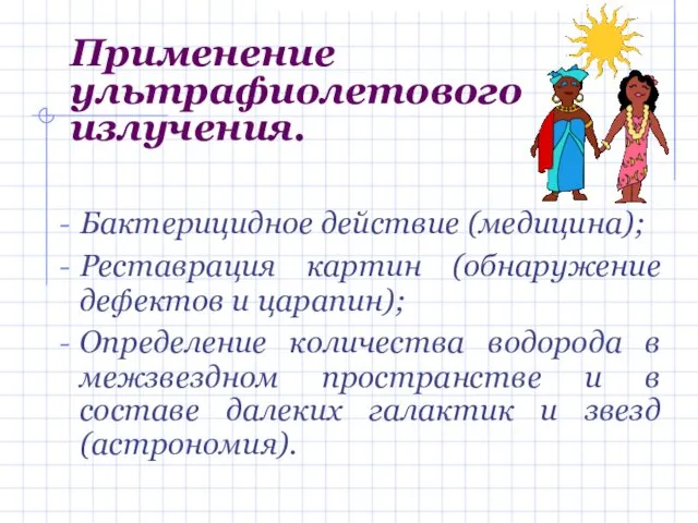 Применение ультрафиолетового излучения. Бактерицидное действие (медицина); Реставрация картин (обнаружение дефектов