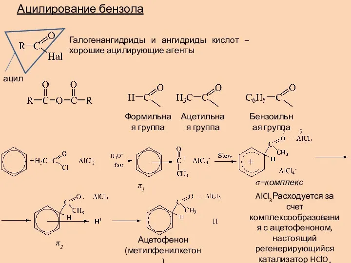 Ацилирование бензола Галогенангидриды и ангидриды кислот – хорошие ацилирующие агенты