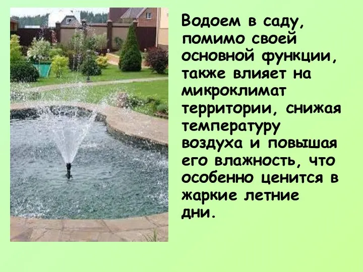 Водоем в саду, помимо своей основной функции, также влияет на