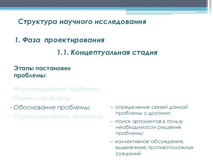 Структура научного исследования 1.1. Концептуальная стадия 1. Фаза проектирования –