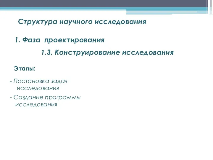 Структура научного исследования Постановка задач исследования Создание программы исследования 1. Фаза проектирования Этапы: 1.3. Конструирование исследования