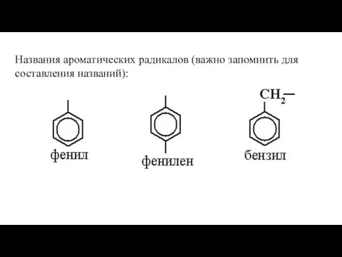 Названия ароматических радикалов (важно запомнить для составления названий):