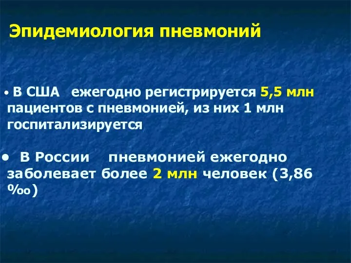 Эпидемиология пневмоний В США ежегодно регистрируется 5,5 млн пациентов с