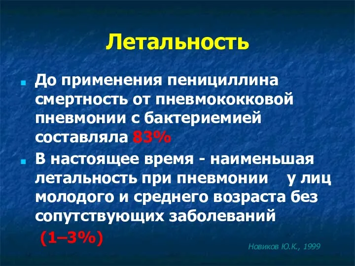 Летальность До применения пенициллина смертность от пневмококковой пневмонии с бактериемией