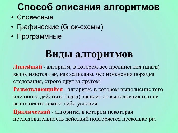 Способ описания алгоритмов Словесные Графические (блок-схемы) Программные Виды алгоритмов Линейный