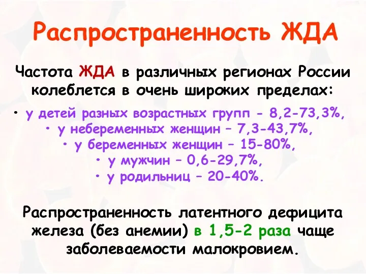 Распространенность ЖДА Частота ЖДА в различных регионах России колеблется в