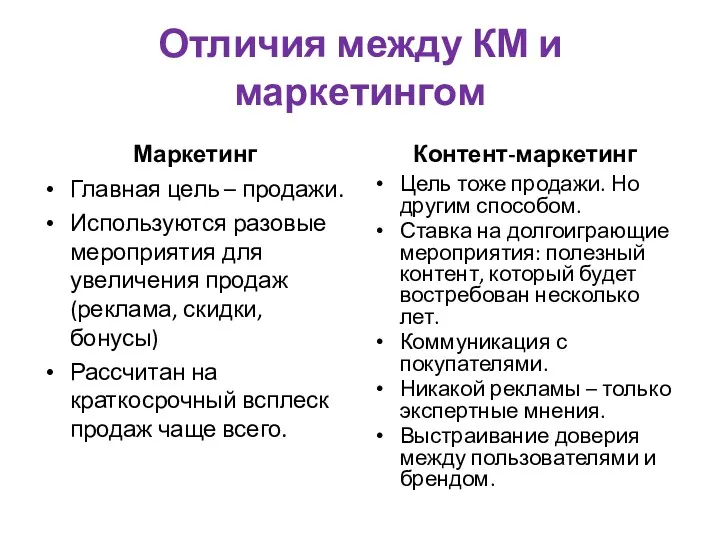 Отличия между КМ и маркетингом Маркетинг Главная цель – продажи.