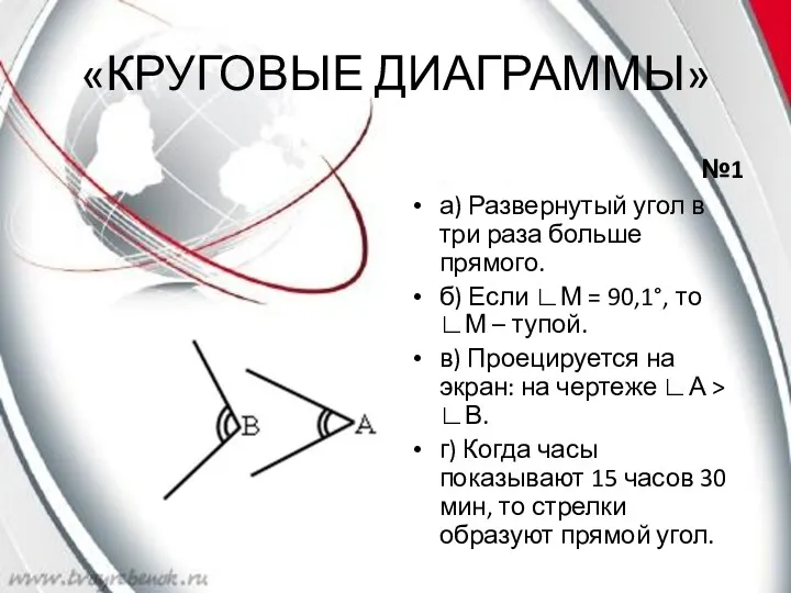 «КРУГОВЫЕ ДИАГРАММЫ» №1 а) Развернутый угол в три раза больше