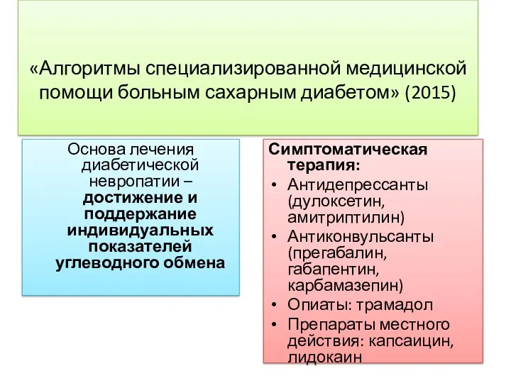 «Алгоритмы специализированной медицинской помощи больным сахарным диабетом» (2015) Основа лечения