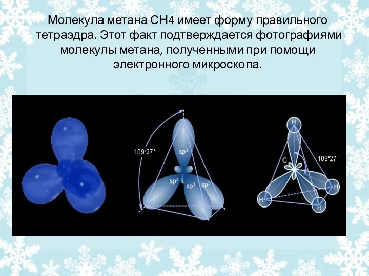 Молекула метана СН4 имеет форму правильного тетраэдра. Этот факт подтверждается