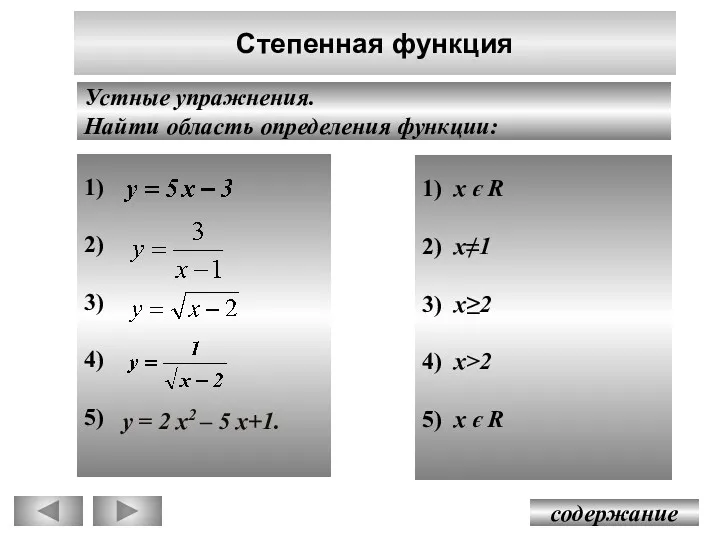 1) 2) 3) 4) 5) Степенная функция содержание Устные упражнения.