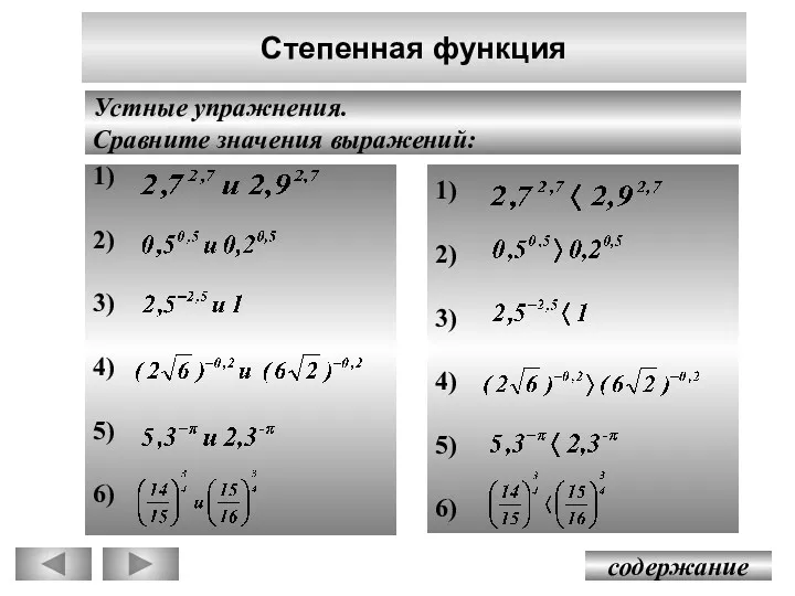 1) 2) 3) 4) 5) 6) Степенная функция содержание Устные