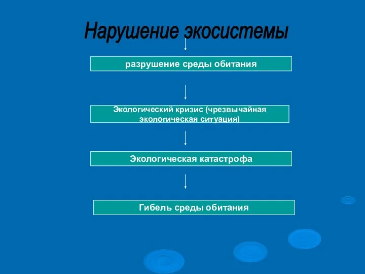 Экологический кризис (чрезвычайная экологическая ситуация) Экологическая катастрофа Гибель среды обитания Нарушение экосистемы разрушение среды обитания