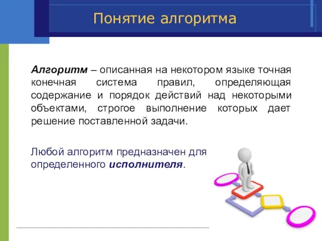 Понятие алгоритма Алгоритм – описанная на некотором языке точная конечная