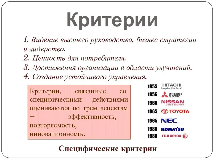 Критерии Специфические критерии 1. Видение высшего руководства, бизнес стратегии и