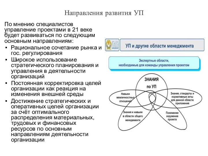 Направления развития УП По мнению специалистов управление проектами в 21