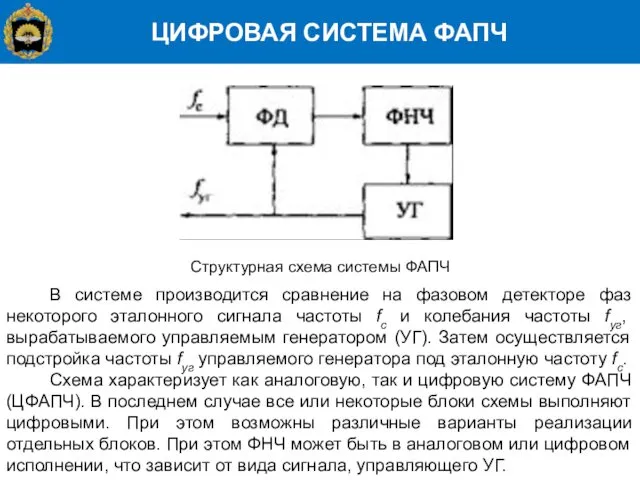 ЦИФРОВАЯ СИСТЕМА ФАПЧ Структурная схема системы ФАПЧ В системе производится