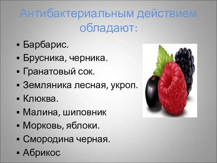 Антибактериальным действием обладают: Барбарис. Брусника, черника. Гранатовый сок. Земляника лесная,