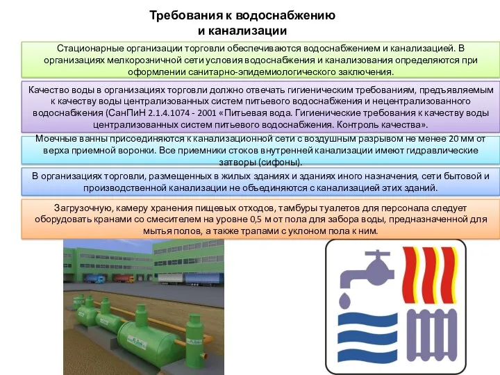 Требования к водоснабжению и канализации Стационарные организации торговли обеспечиваются водоснабжением и канализацией. В