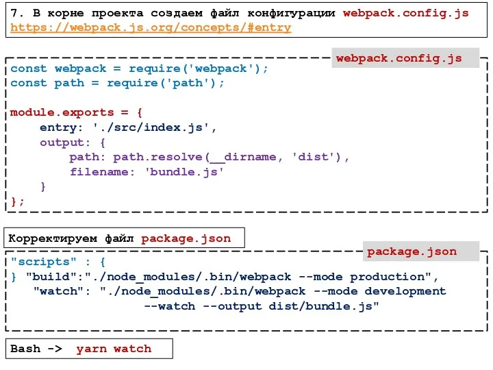 7. В корне проекта создаем файл конфигурации webpack.config.js https://webpack.js.org/concepts/#entry Корректируем файл package.json Bash -> yarn watch