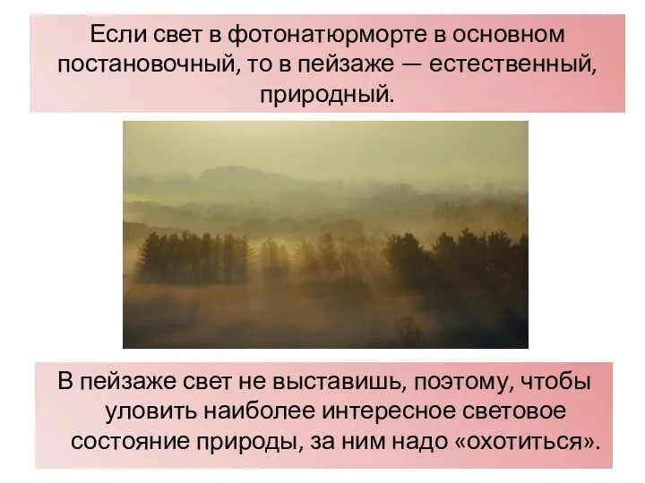 В пейзаже свет не выставишь, поэтому, чтобы уловить наиболее интересное