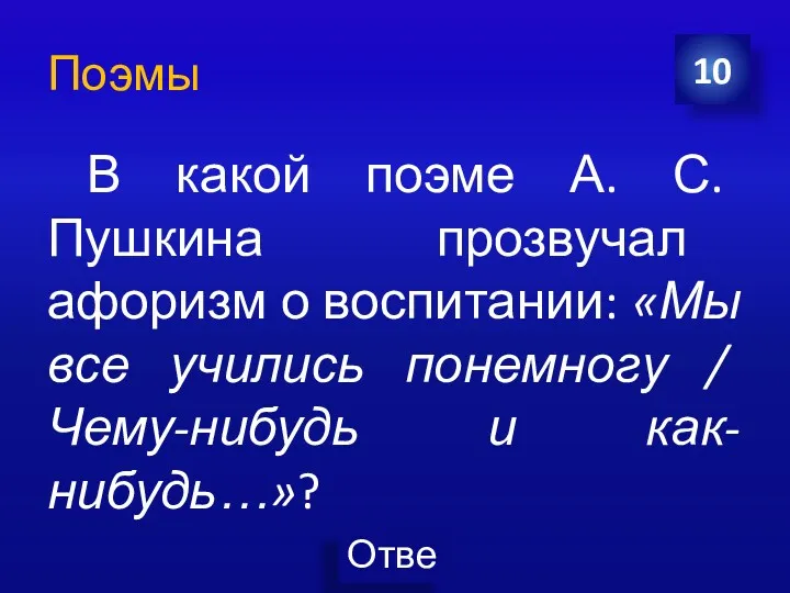 Поэмы В какой поэме А. С. Пушкина прозвучал афоризм о