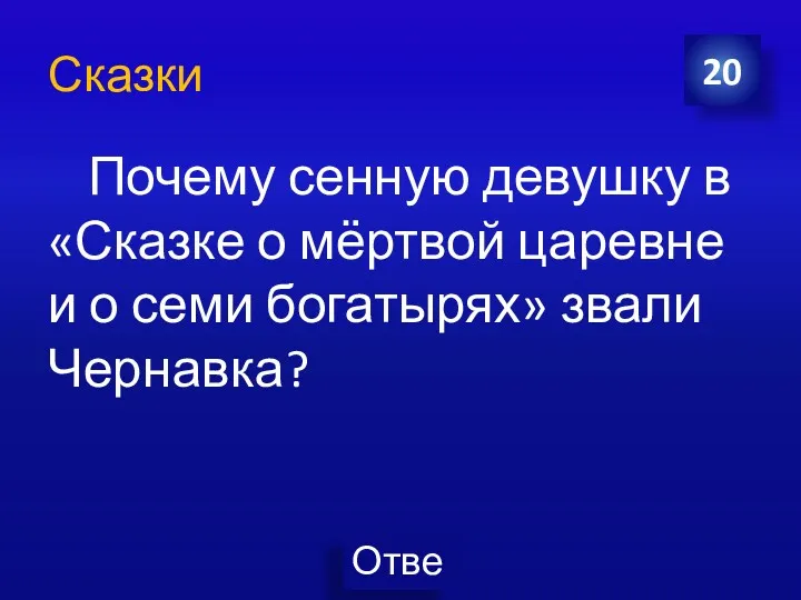 Почему сенную девушку в «Сказке о мёртвой царевне и о семи богатырях» звали Чернавка? 20 Сказки