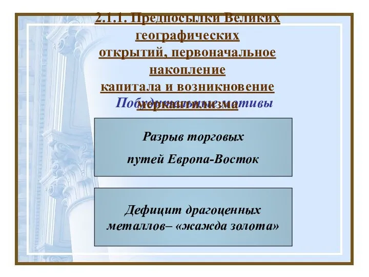 Побудительные мотивы Разрыв торговых путей Европа-Восток Дефицит драгоценных металлов– «жажда