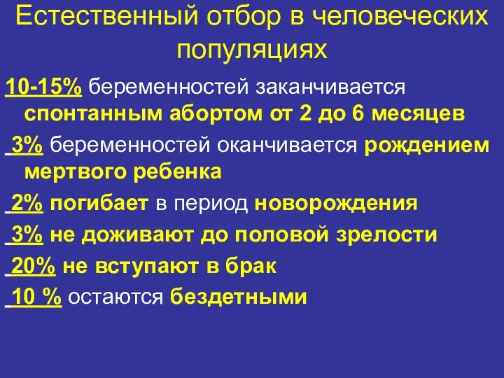 Естественный отбор в человеческих популяциях 10-15% беременностей заканчивается спонтанным абортом