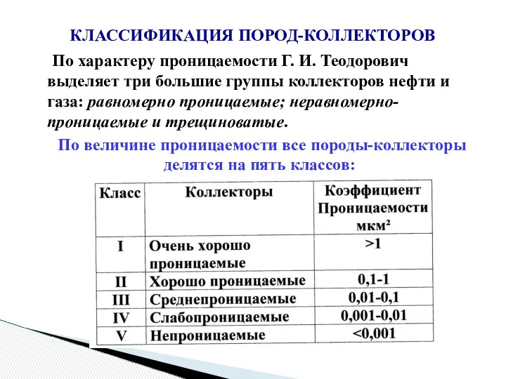 КЛАССИФИКАЦИЯ ПОРОД-КОЛЛЕКТОРОВ По характеру проницаемости Г. И. Теодорович выделяет три большие группы коллекторов