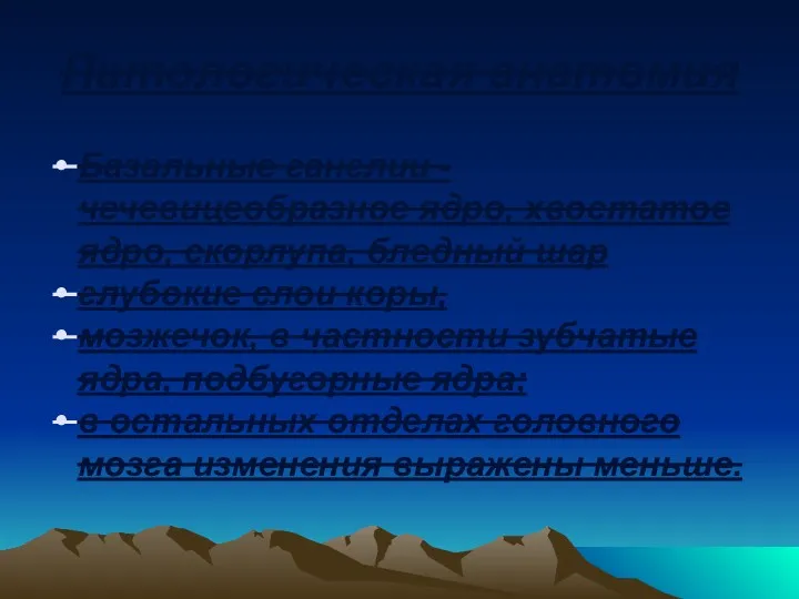 Патологическая анатомия Базальные ганглии - чечевицеобразное ядро, хвостатое ядро, скорлупа,