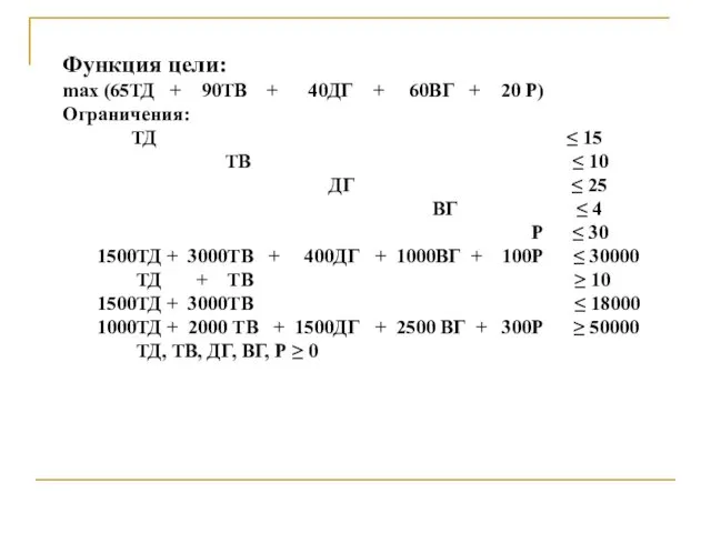 Функция цели: max (65ТД + 90ТВ + 40ДГ + 60ВГ