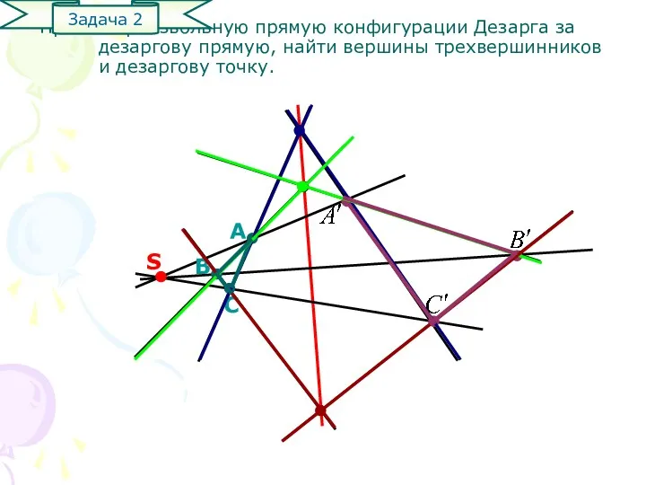 Приняв произвольную прямую конфигурации Дезарга за дезаргову прямую, найти вершины трехвершинников и дезаргову точку. Задача 2