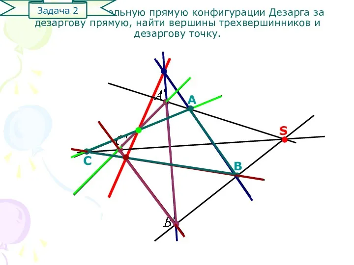 Приняв произвольную прямую конфигурации Дезарга за дезаргову прямую, найти вершины трехвершинников и дезаргову точку. Задача 2