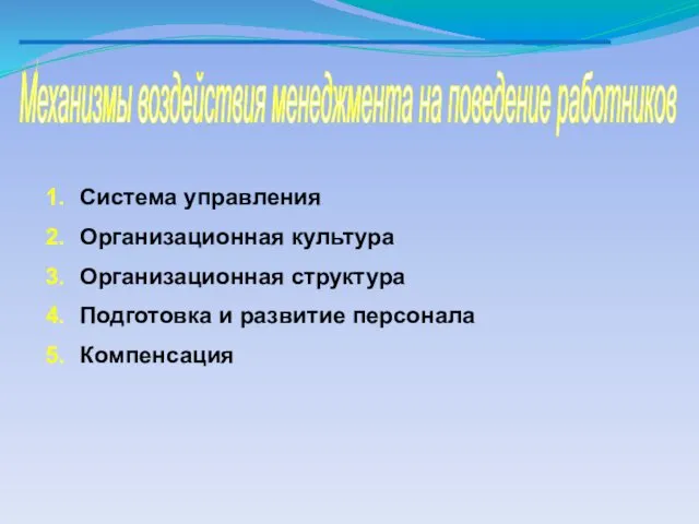 Механизмы воздействия менеджмента на поведение работников Система управления Организационная культура