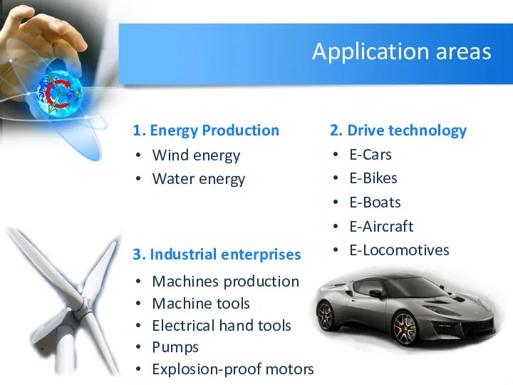 Application areas 1. Energy Production Wind energy Water energy 2. Drive technology E-Cars