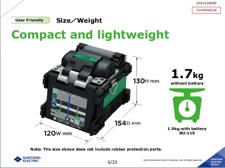 Size／Weight 1.9kg with battery BU-11S 1.7kg without battery Compact and