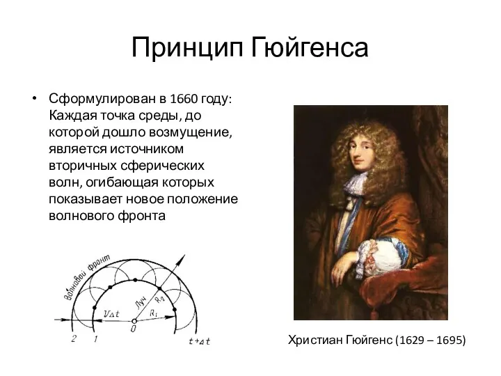 Принцип Гюйгенса Сформулирован в 1660 году: Каждая точка среды, до