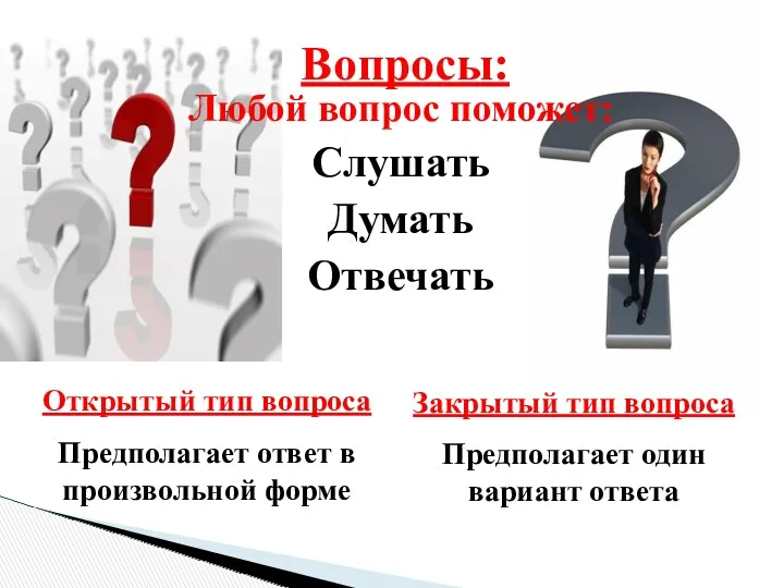 Любой вопрос поможет: Слушать Думать Отвечать Вопросы: Открытый тип вопроса