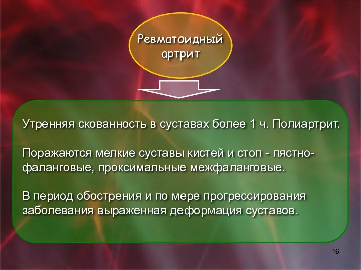 Утренняя скованность в суставах более 1 ч. Полиартрит. Поражаются мелкие