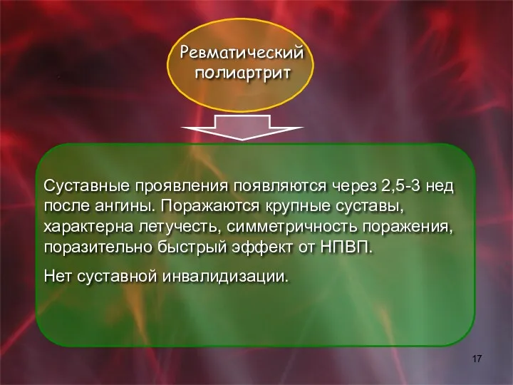 Суставные проявления появляются че­рез 2,5-3 нед после ангины. Поражаются крупные