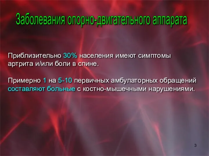 Приблизительно 30% населения имеют симптомы артрита и/или боли в спине.