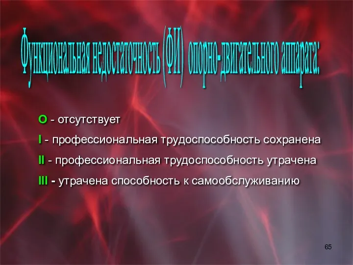 О - отсутствует I - профессиональная трудоспособность сохранена II -