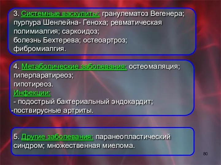 3. Системные васкулиты: гранулематоз Вегенера; пурпура Шенлейна- Геноха; ревматическая полимиалгия;