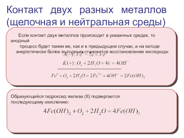 Образующийся гидроксид железа (II) подвергается последующему окислению: Контакт двух разных металлов (щелочная и нейтральная среды)