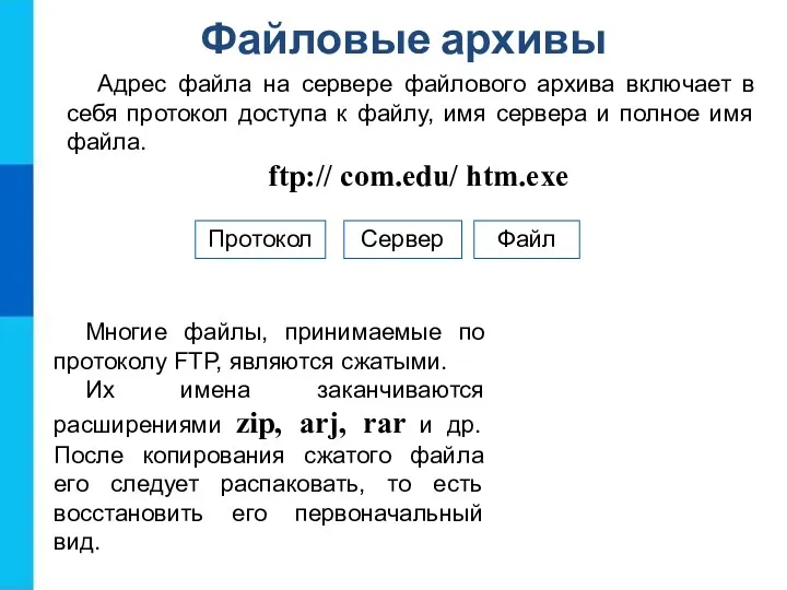 Файловые архивы ftp:// com.edu/ htm.exe Протокол Сервер Файл Адрес файла