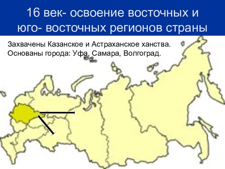 16 век- освоение восточных и юго- восточных регионов страны Захвачены