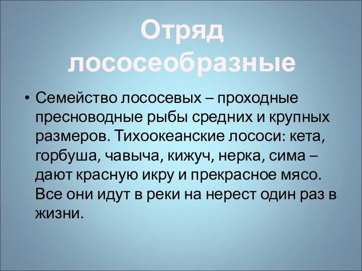 Семейство лососевых – проходные пресноводные рыбы средних и крупных размеров.