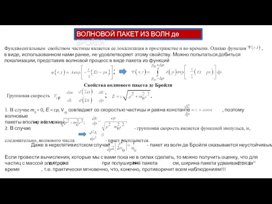 ВОЛНОВОЙ ПАКЕТ ИЗ ВОЛН де БРОЙЛЯ Фундаментальным свойством частицы является